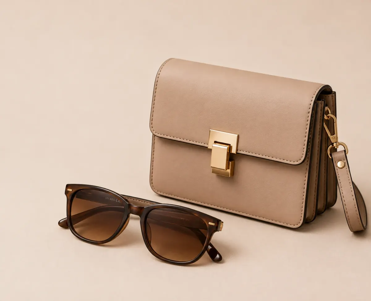Cartera de cuero beige con lentes de sol