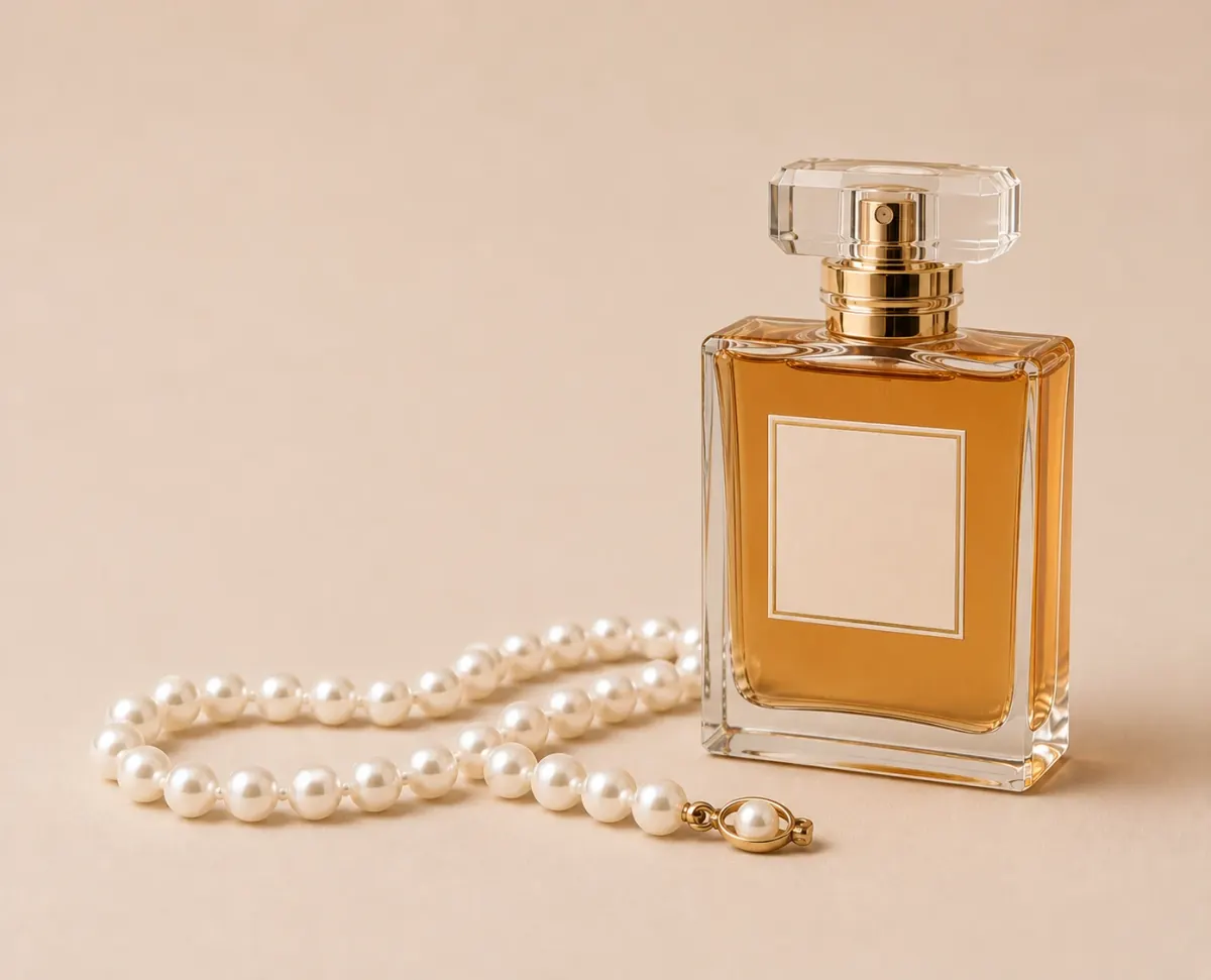 Frasco de perfume con collar de perlas