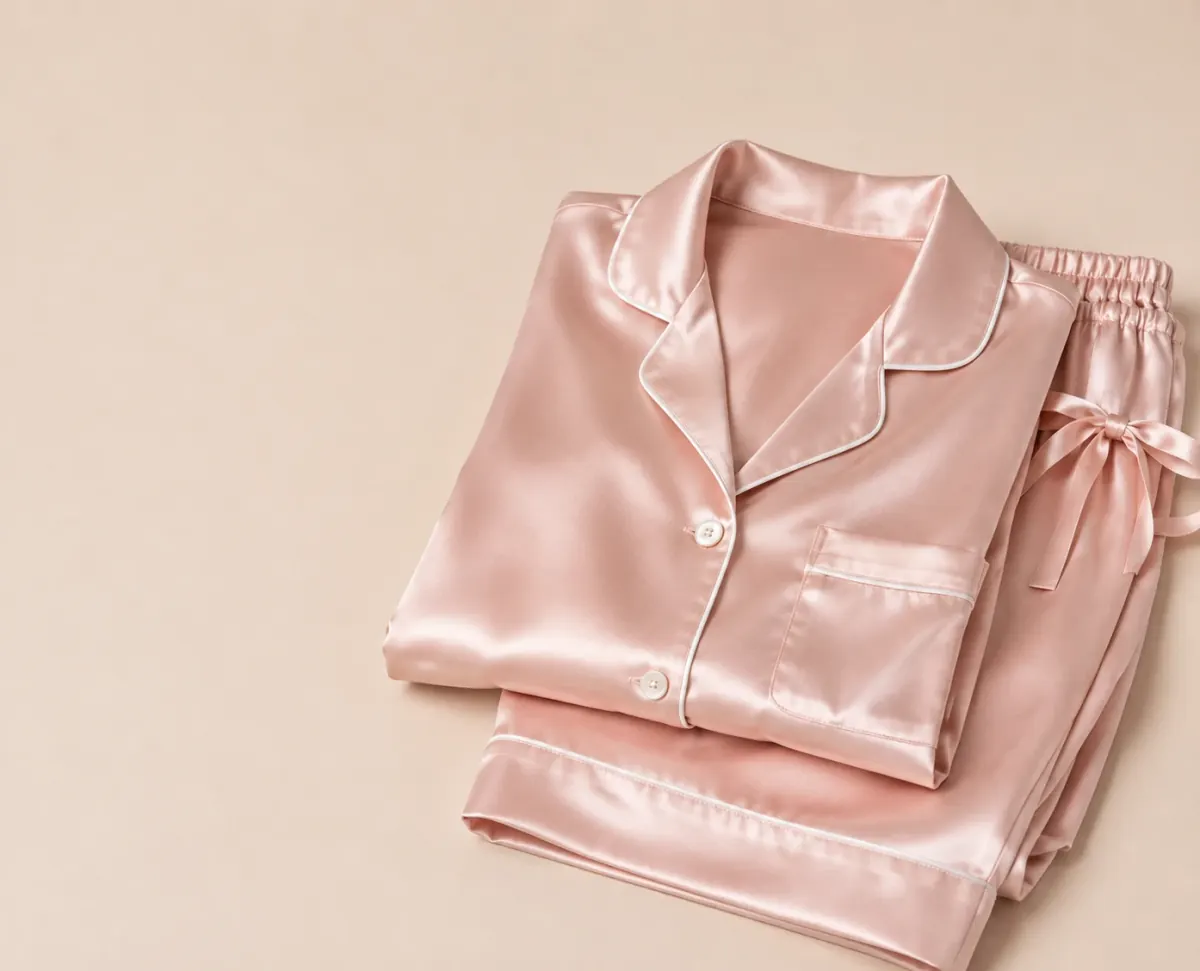 Pijama de satén rosa doblado