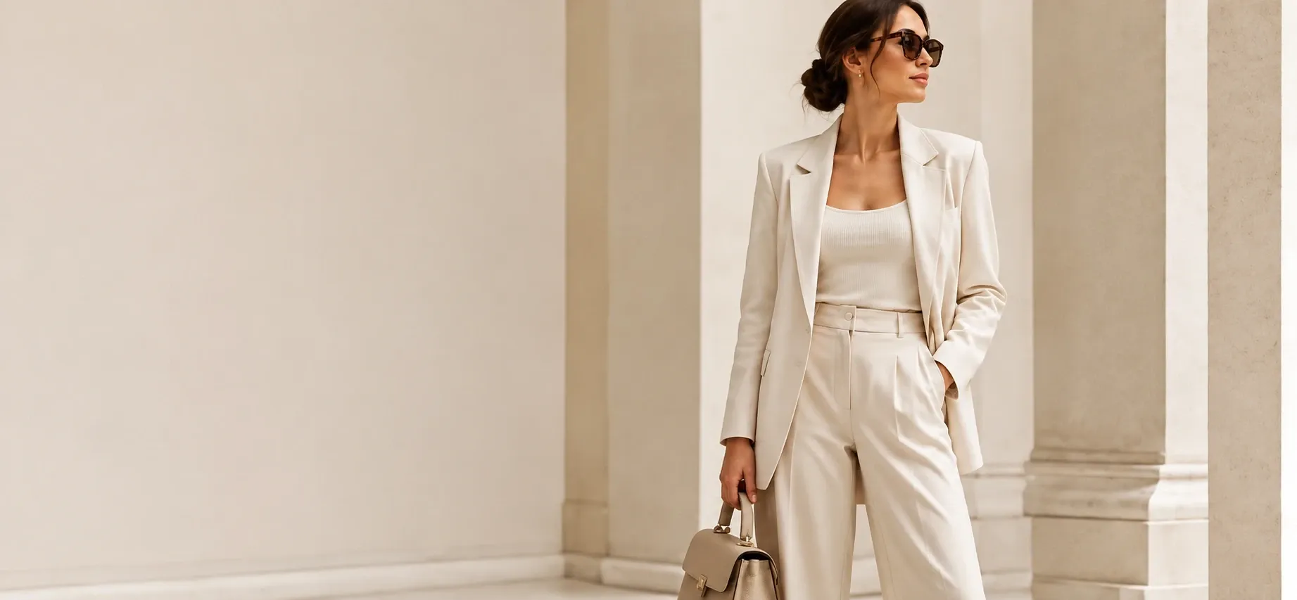 Mujer con traje color crema y bolso beige