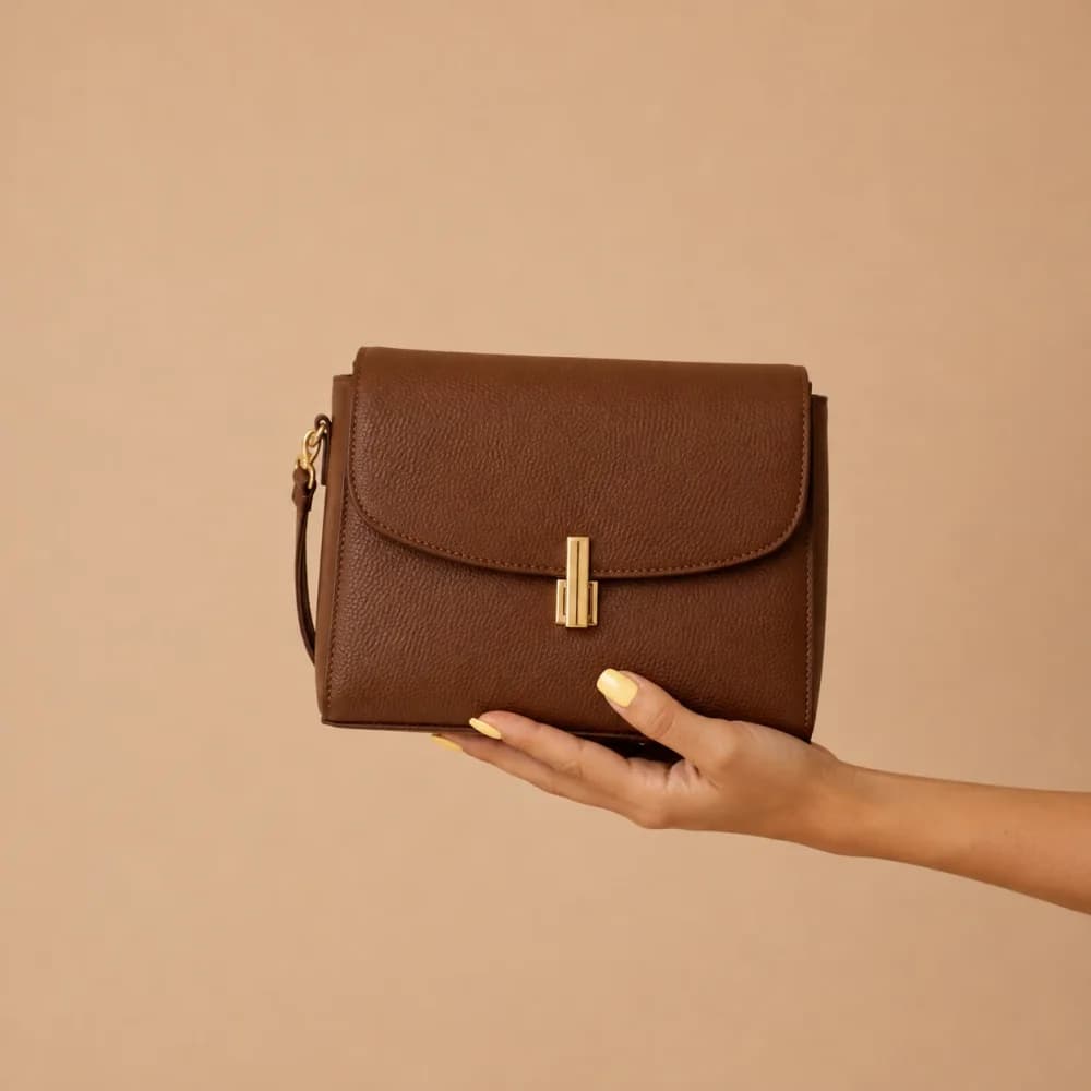 Cartera de cuero marrón sostenida en la mano